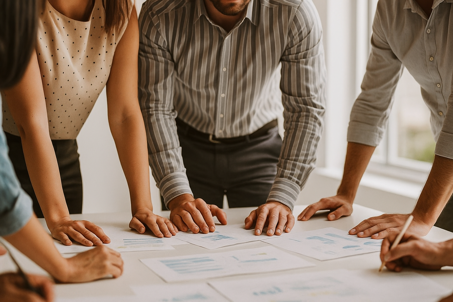 Team reviewing security and usability assessment documents during strategic planning session