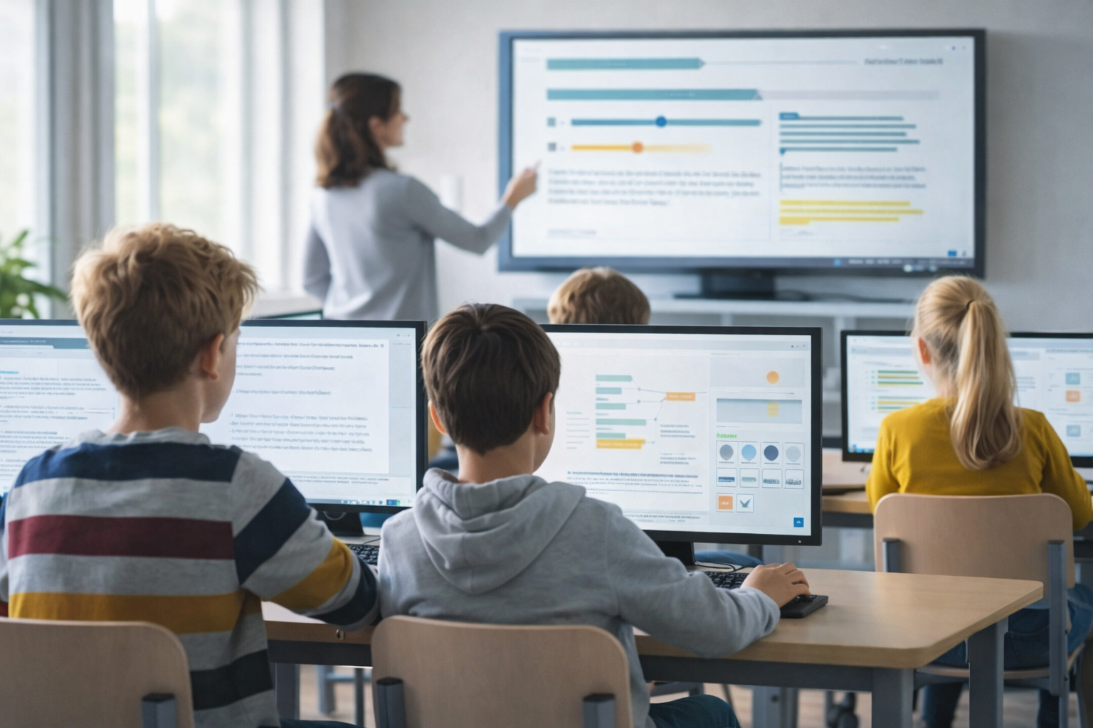 Teacher presenting on large screen to students working on computers in a technology-integrated classroom