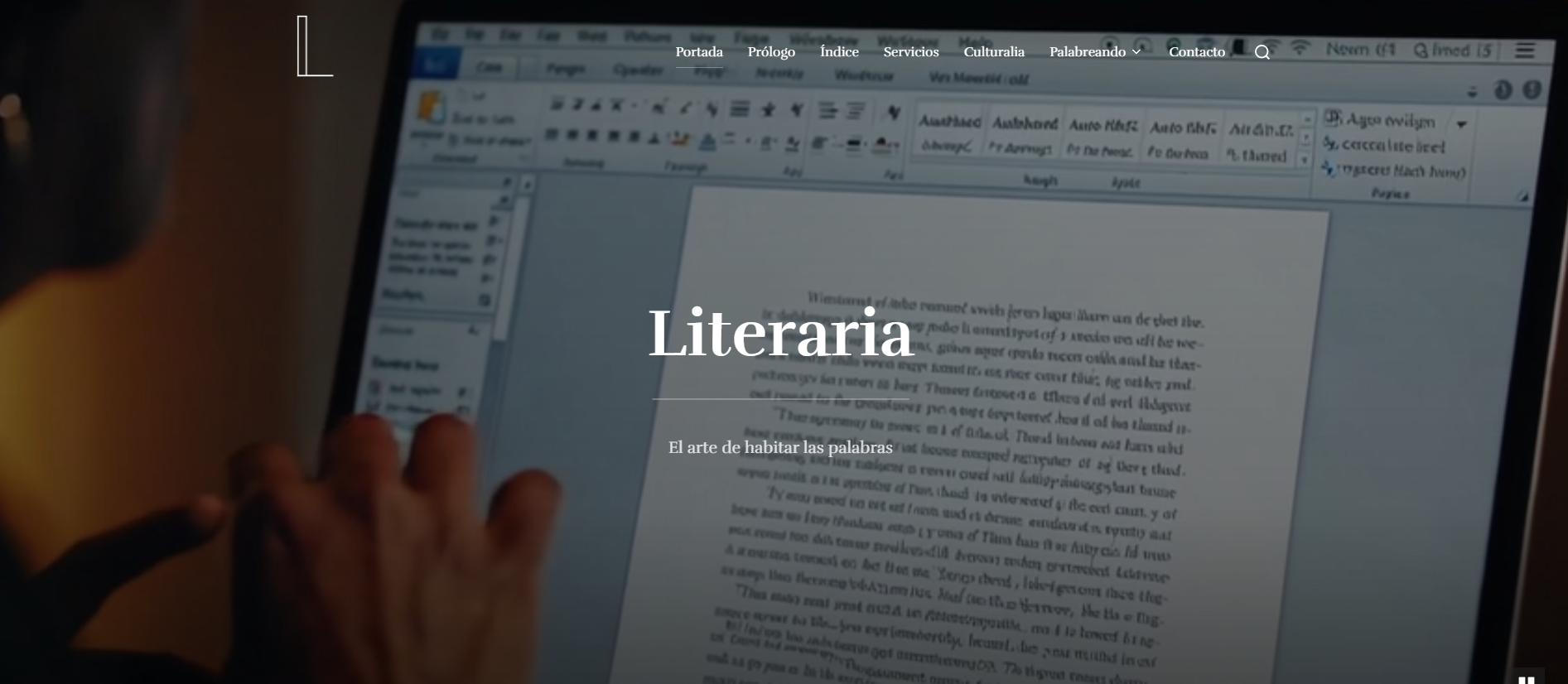 Hands at laptop with document Literaria on screen, representing writing and digital content creation
