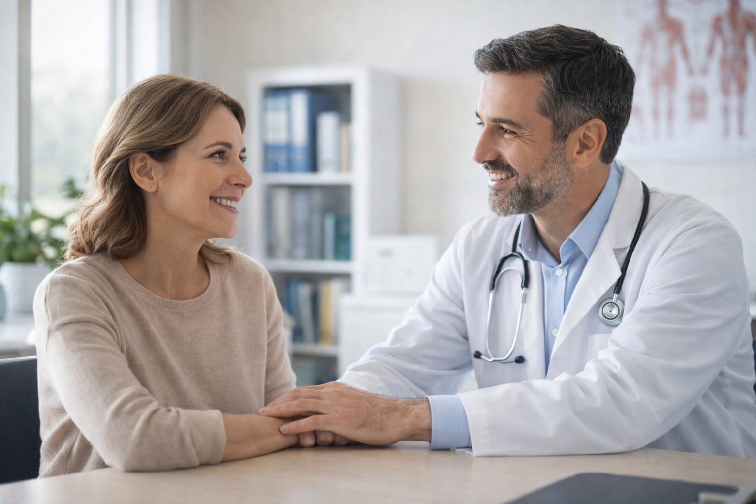 Doctor providing empathetic reassurance to a female patient during a medical consultation